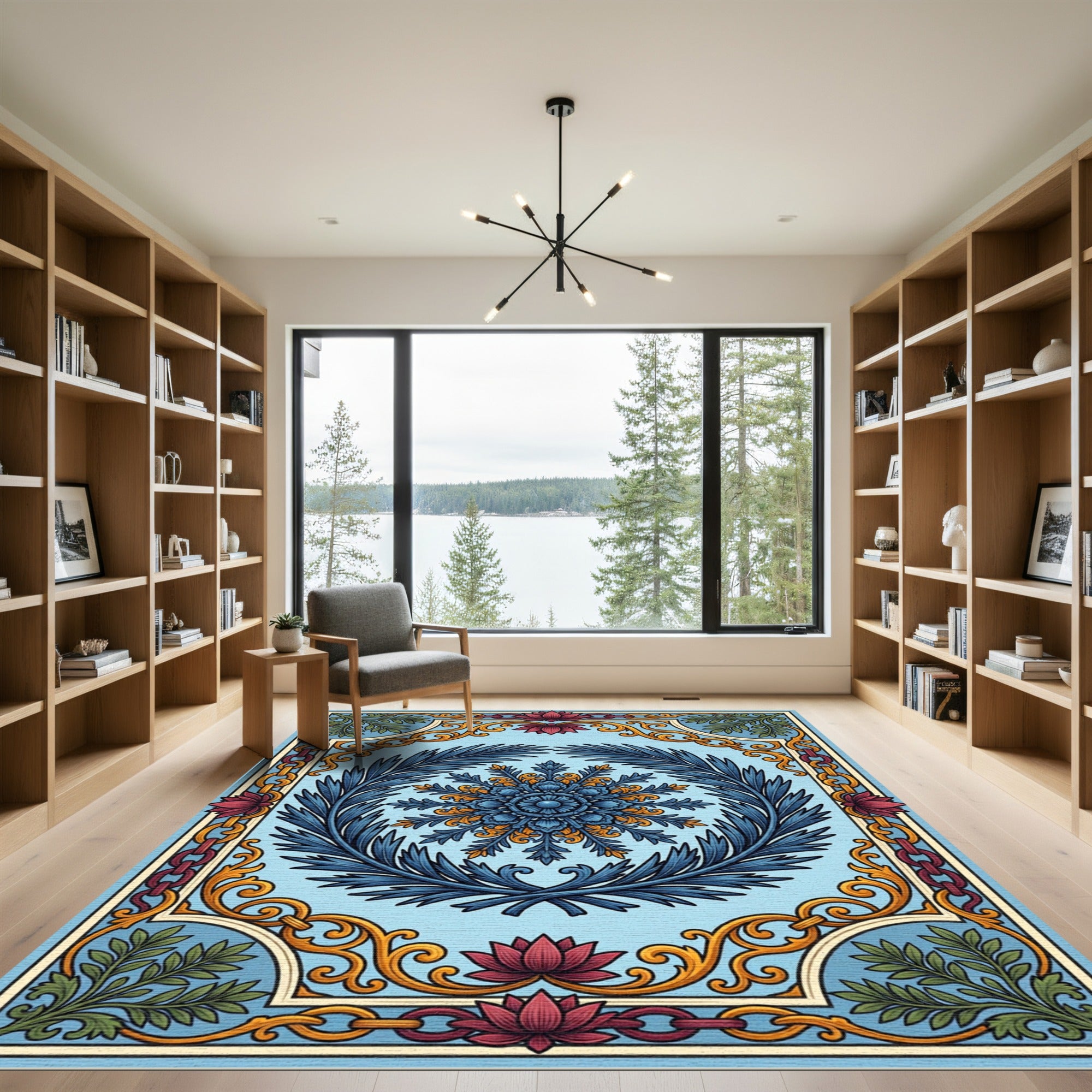 Blue Floral Medallion with Golden Filigree Rug