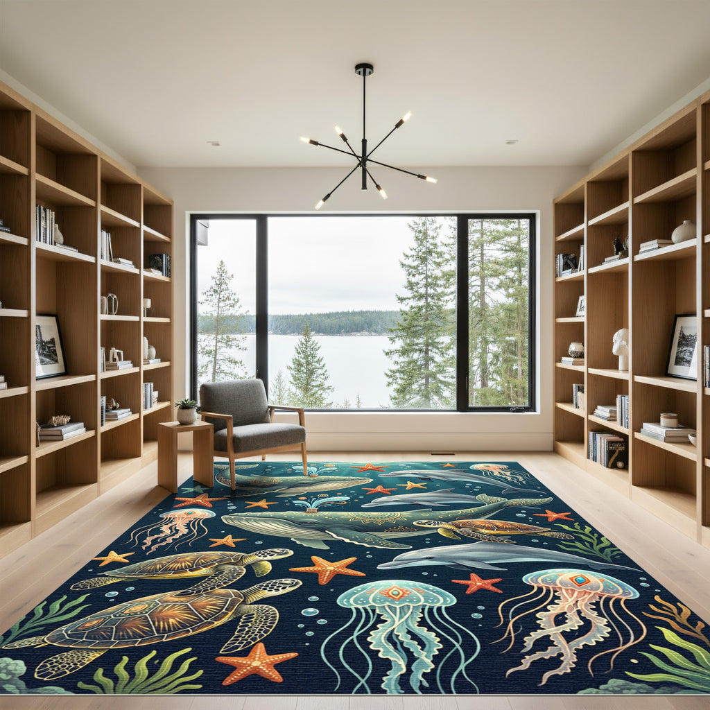 Whimsical Deep Sea Creatures Illustration Rug