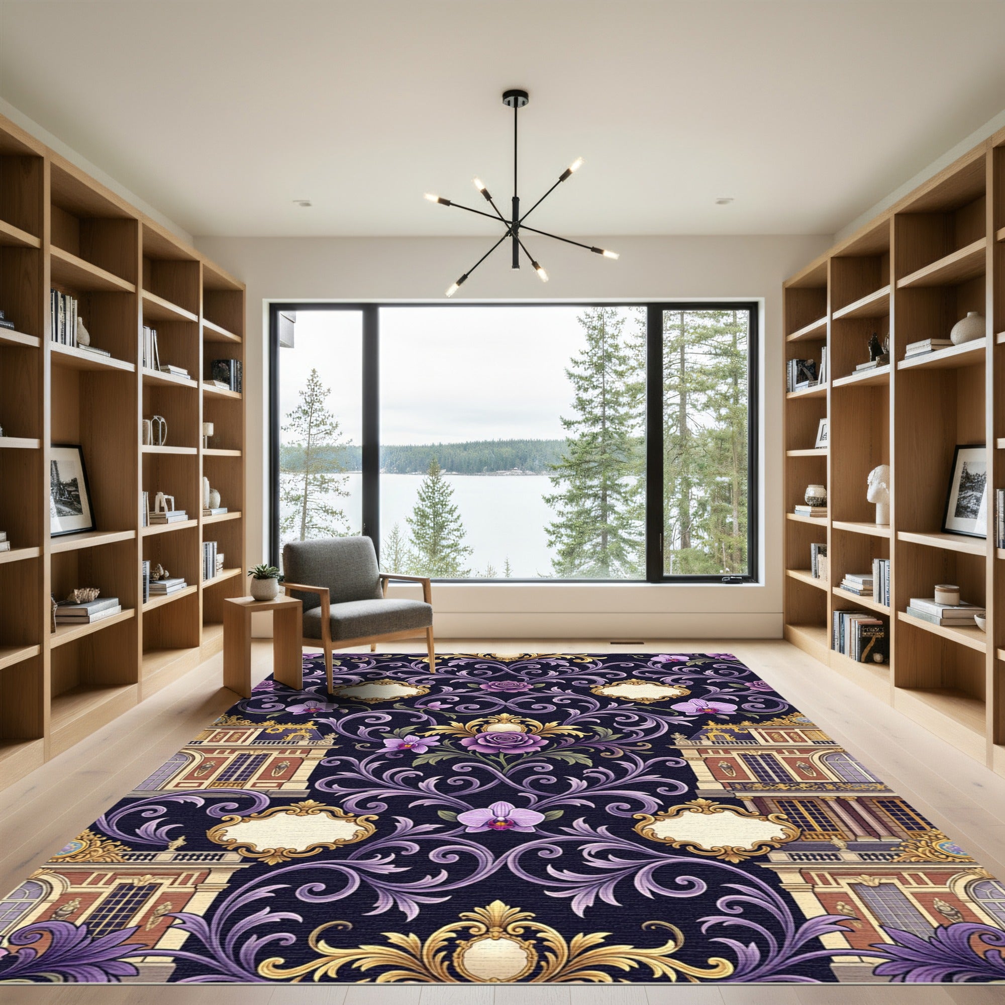 Ornate Gold Lavender Chateau Floral Scroll Rug