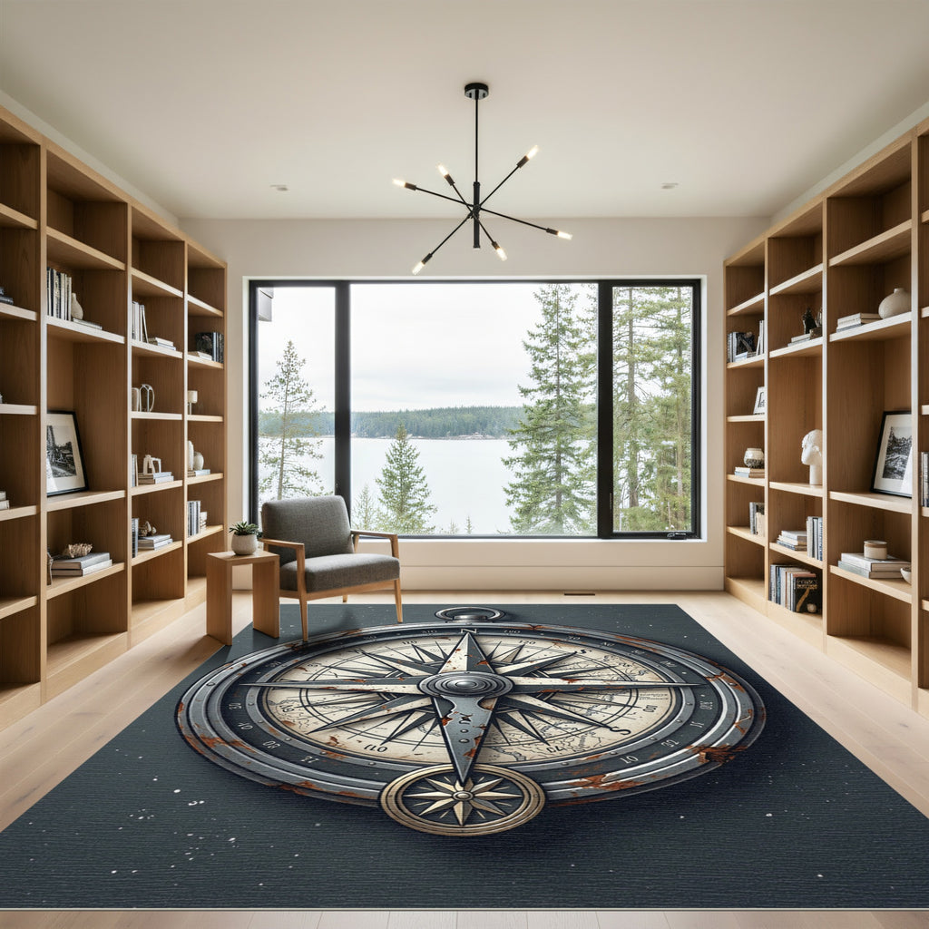 Antique Nautical Compass Bronze Ocean Illustration Rug