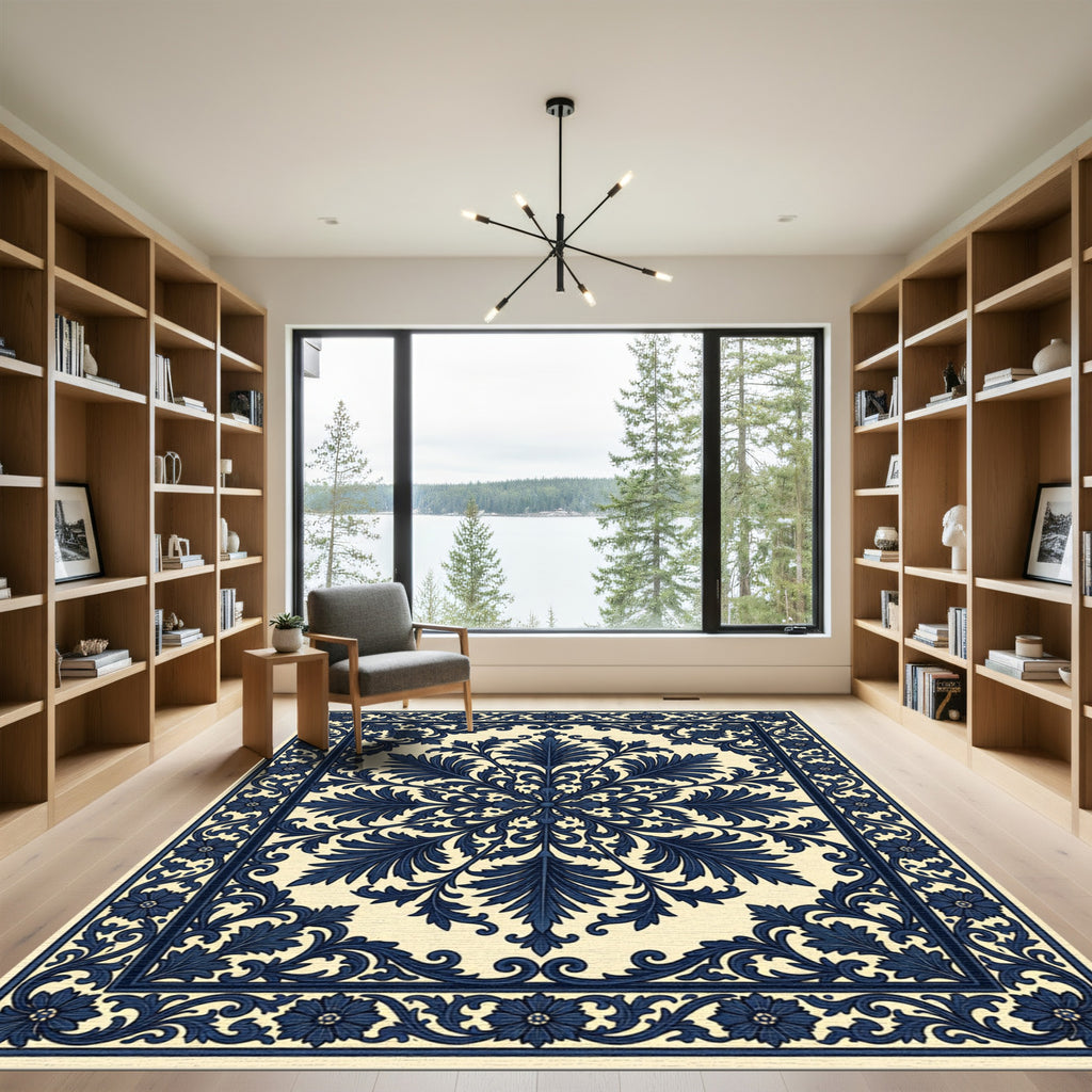 Dark Blue Floral Medallion Lattice Rug