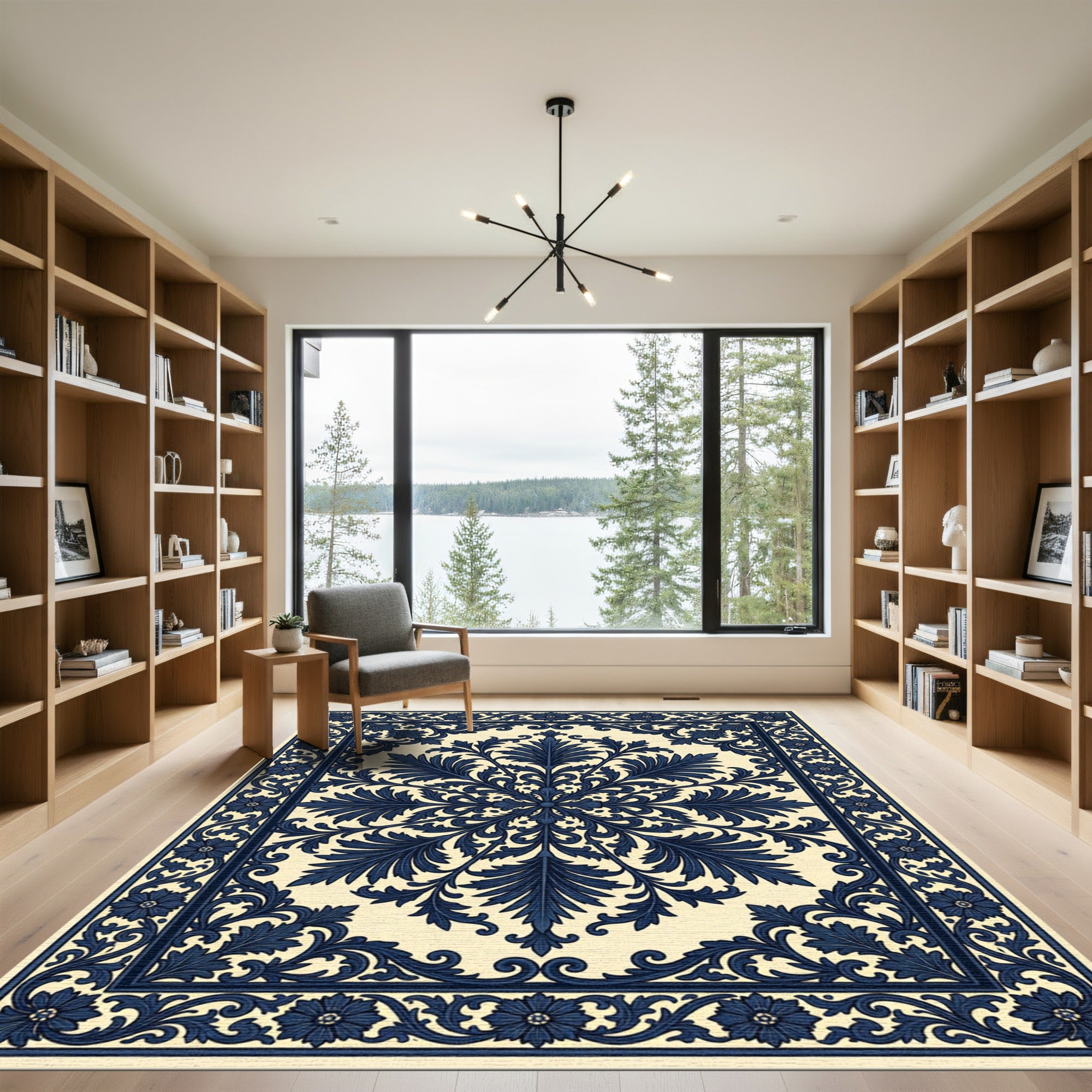 Dark Blue Floral Medallion Lattice Rug