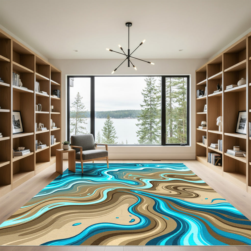 Aqua Brown Swirling Abstract Waves Rug
