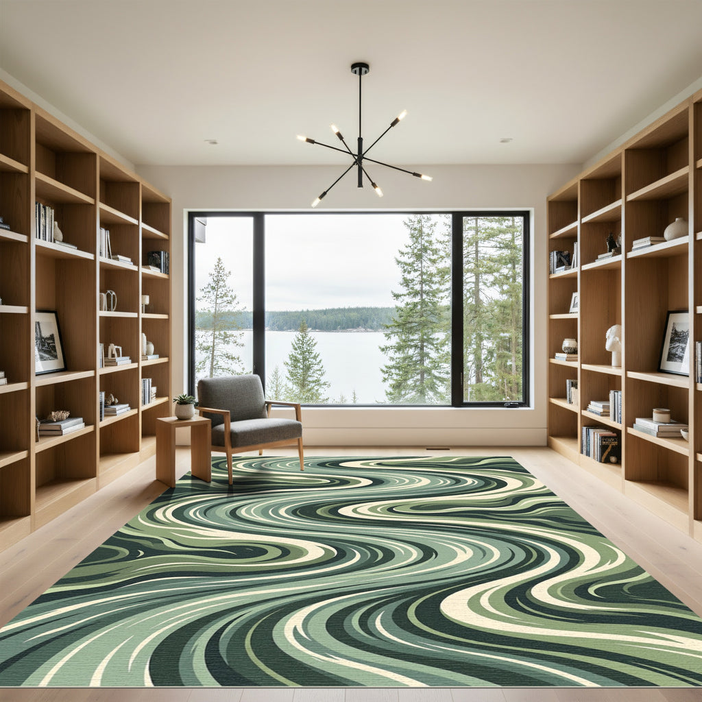 Earthy Green Wavy Abstract Ribbons Rug