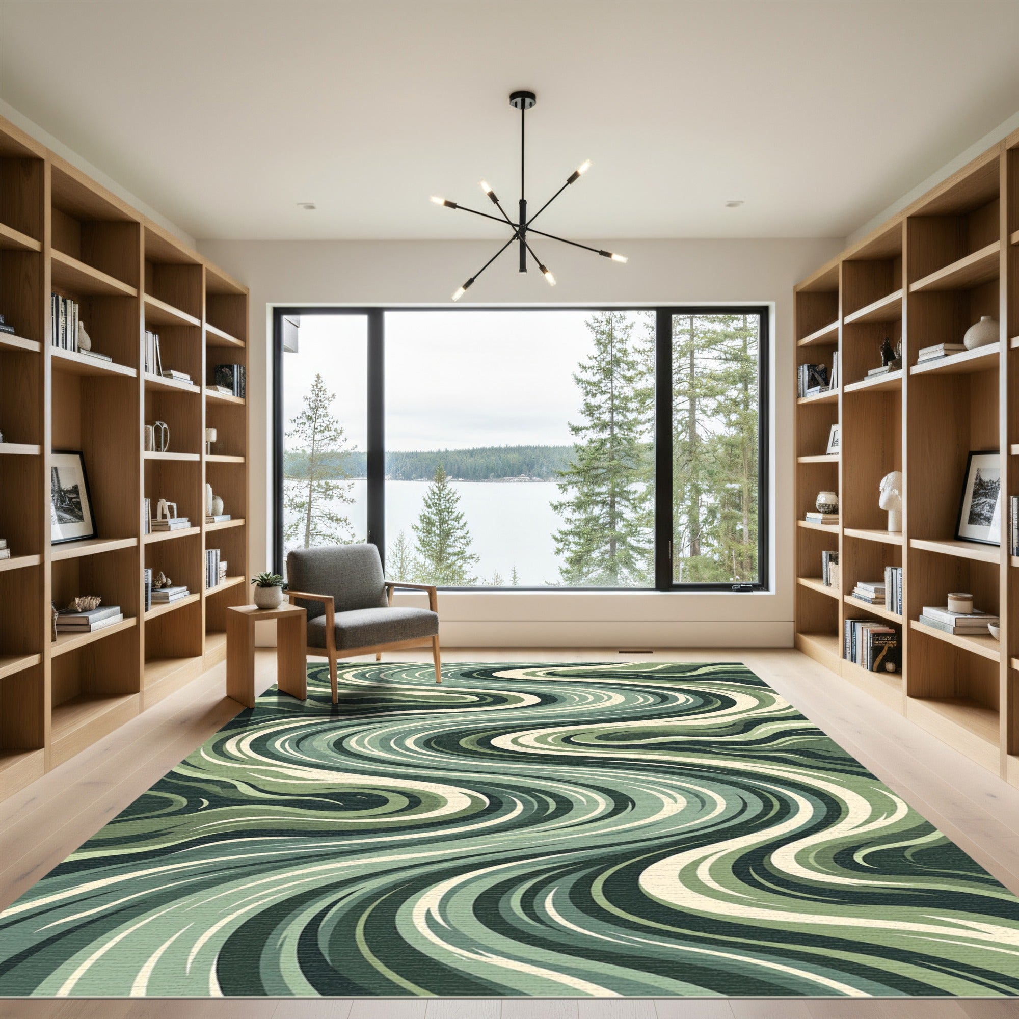 Earthy Green Wavy Abstract Ribbons Rug