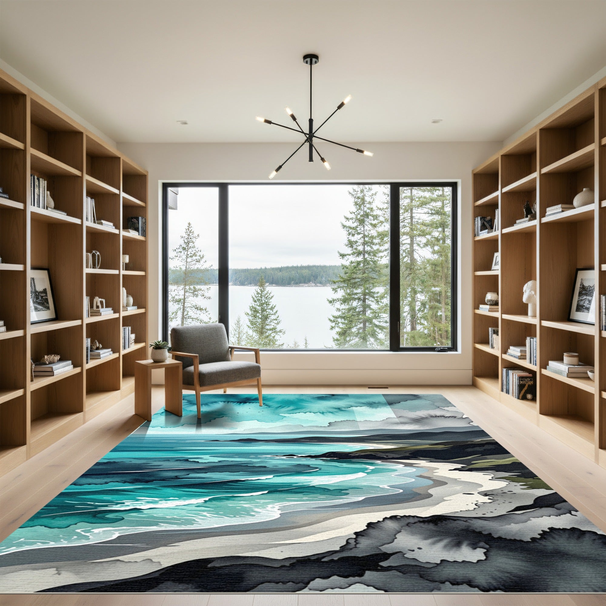 Aquatic Teal Coastline Watercolor Horizon Rug