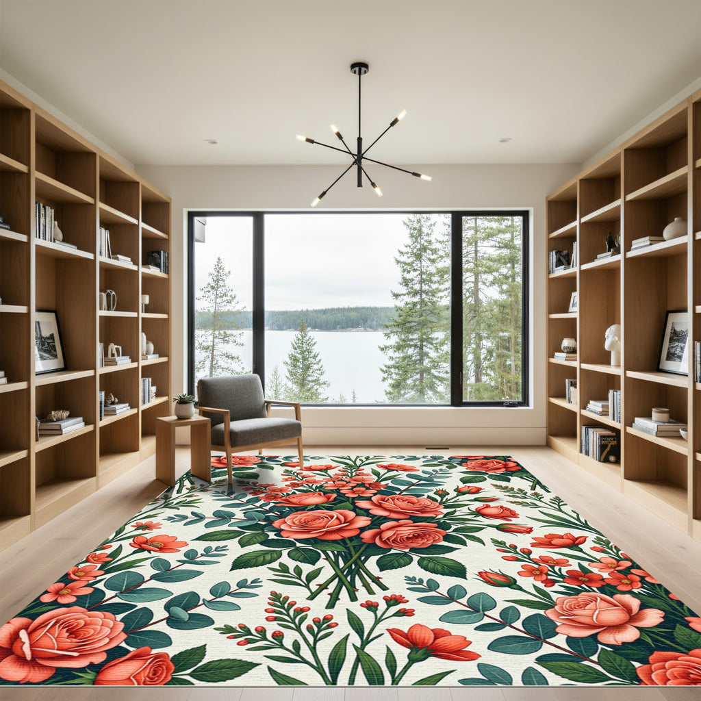 Romantic Coral Rose Floral Bouquet Rug