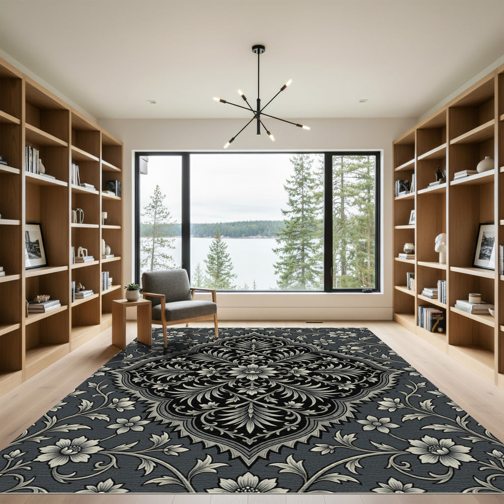 Classic Charcoal Ivory Floral Medallion Rug