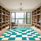 Teal and Ivory Distorted Checkered Block Rug