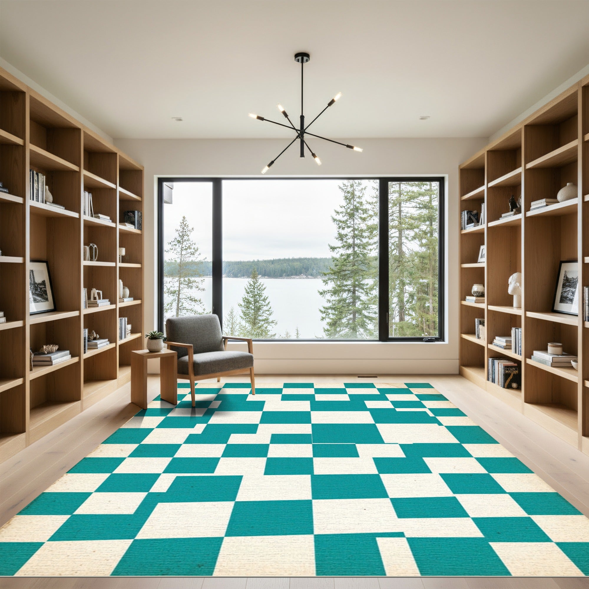 Teal and Ivory Distorted Checkered Block Rug