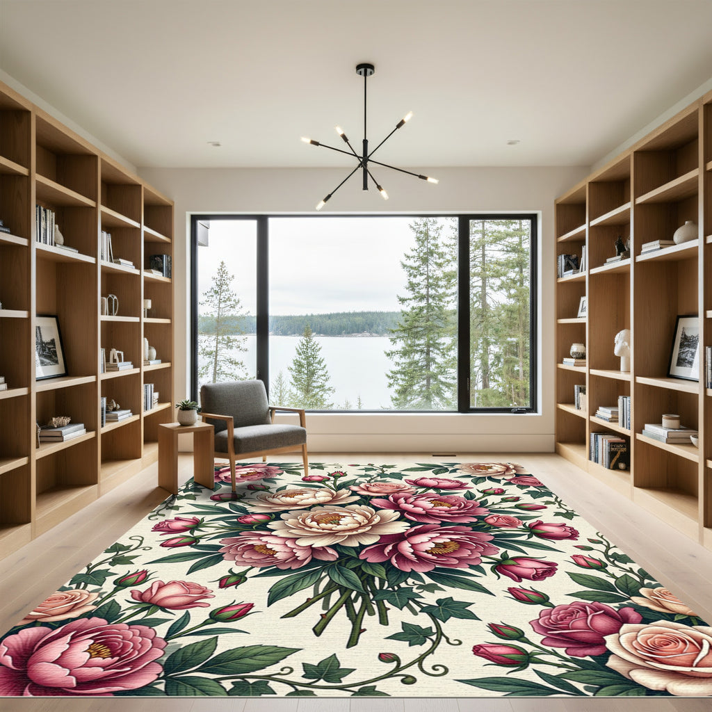 Romantic Pink Peony Floral Garden Rug