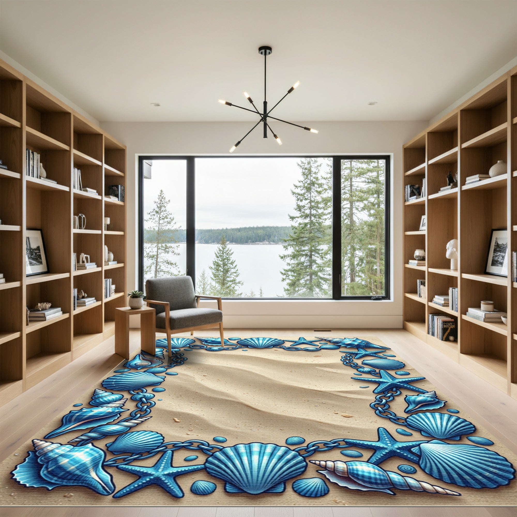 Coastal Blue Seashell Starfish Frame Rug