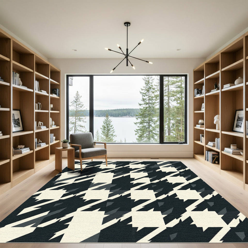 Modern Black and Cream Houndstooth Geometric Rug