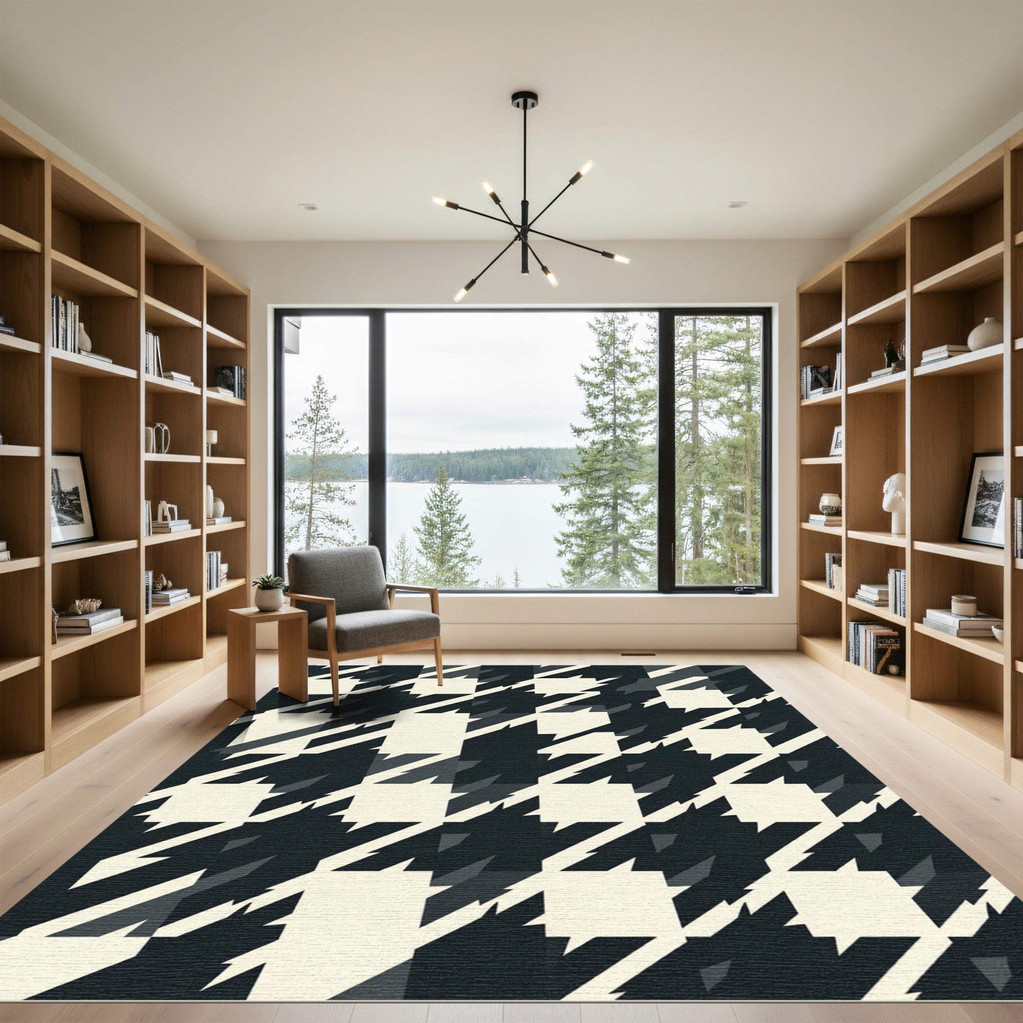 Modern Black and Cream Houndstooth Geometric Rug