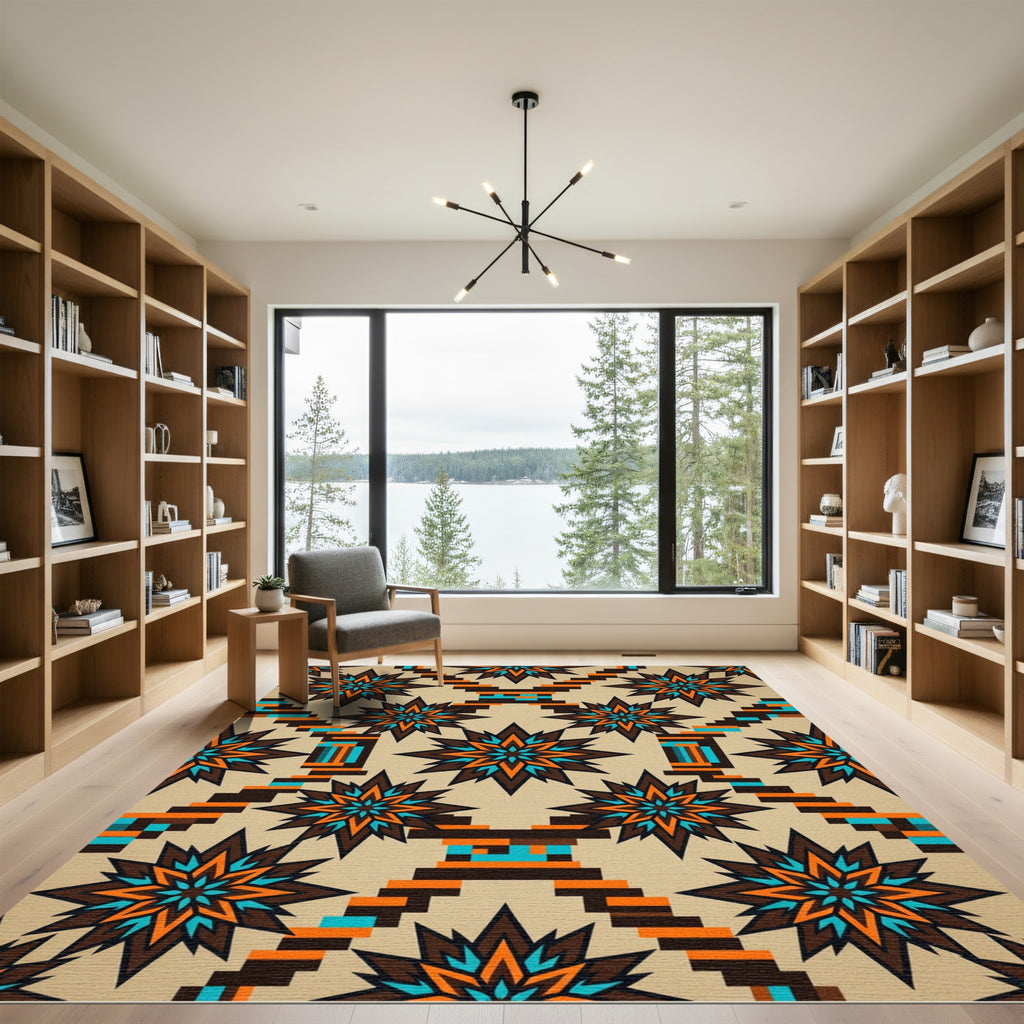 Geometric Starburst Teal Orange Brown Rug