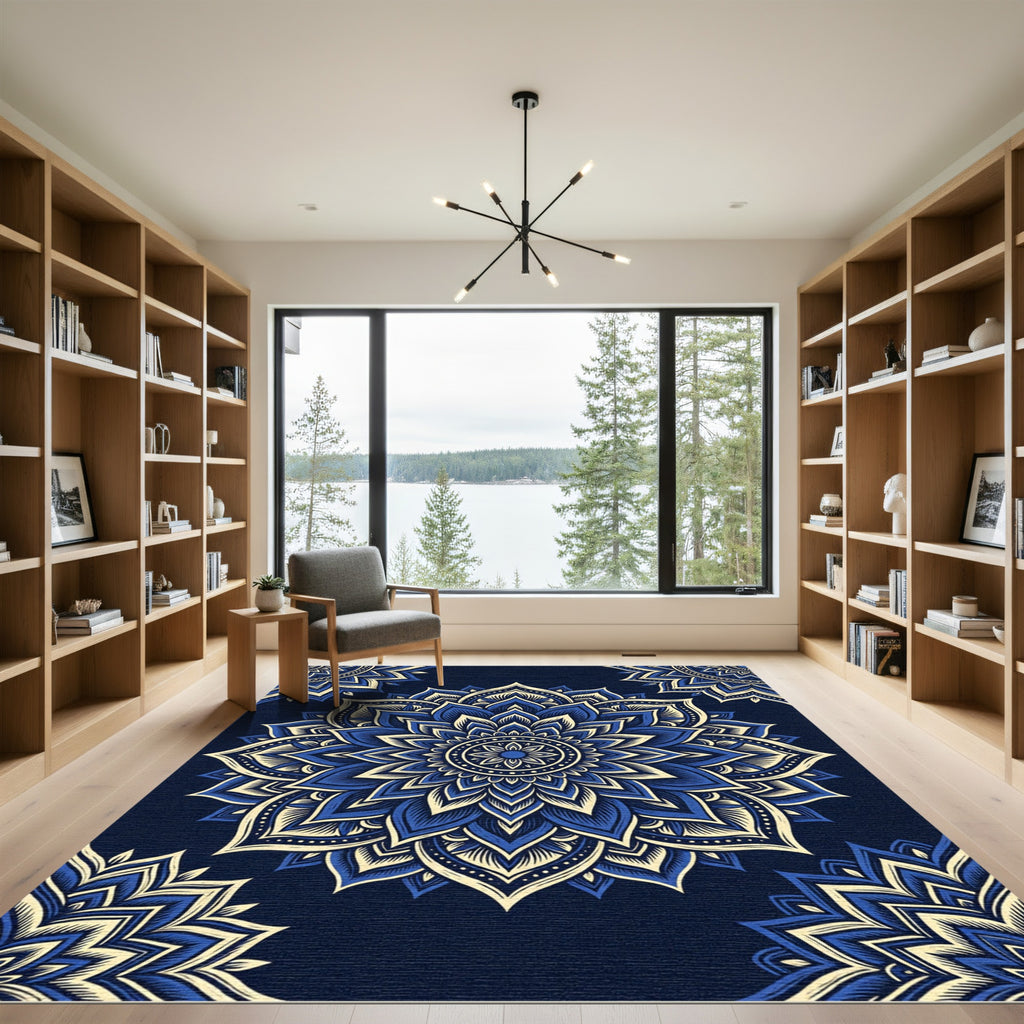 Deep Blue Cream Lotus Mandala Rug