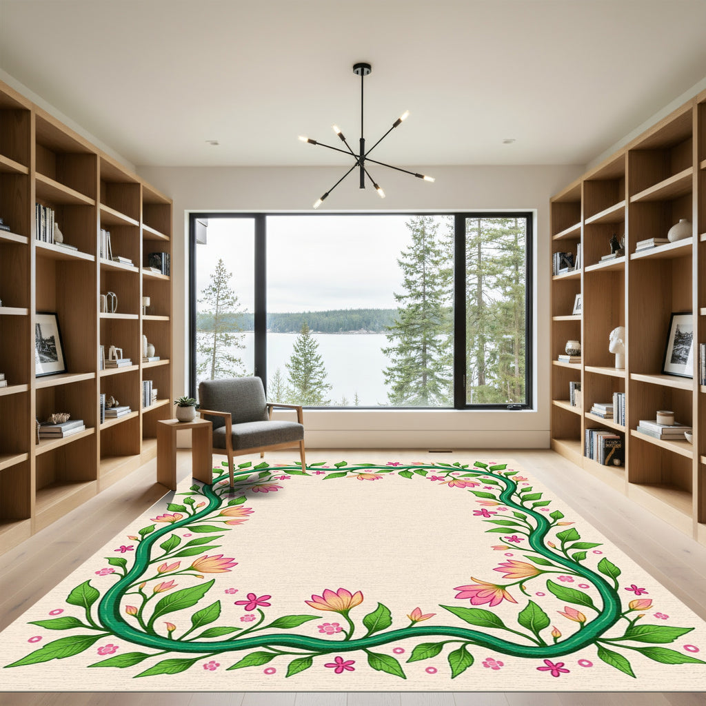 Green Vine Pink Floral Garden Border Rug