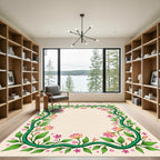 Green Vine Pink Floral Garden Border Rug