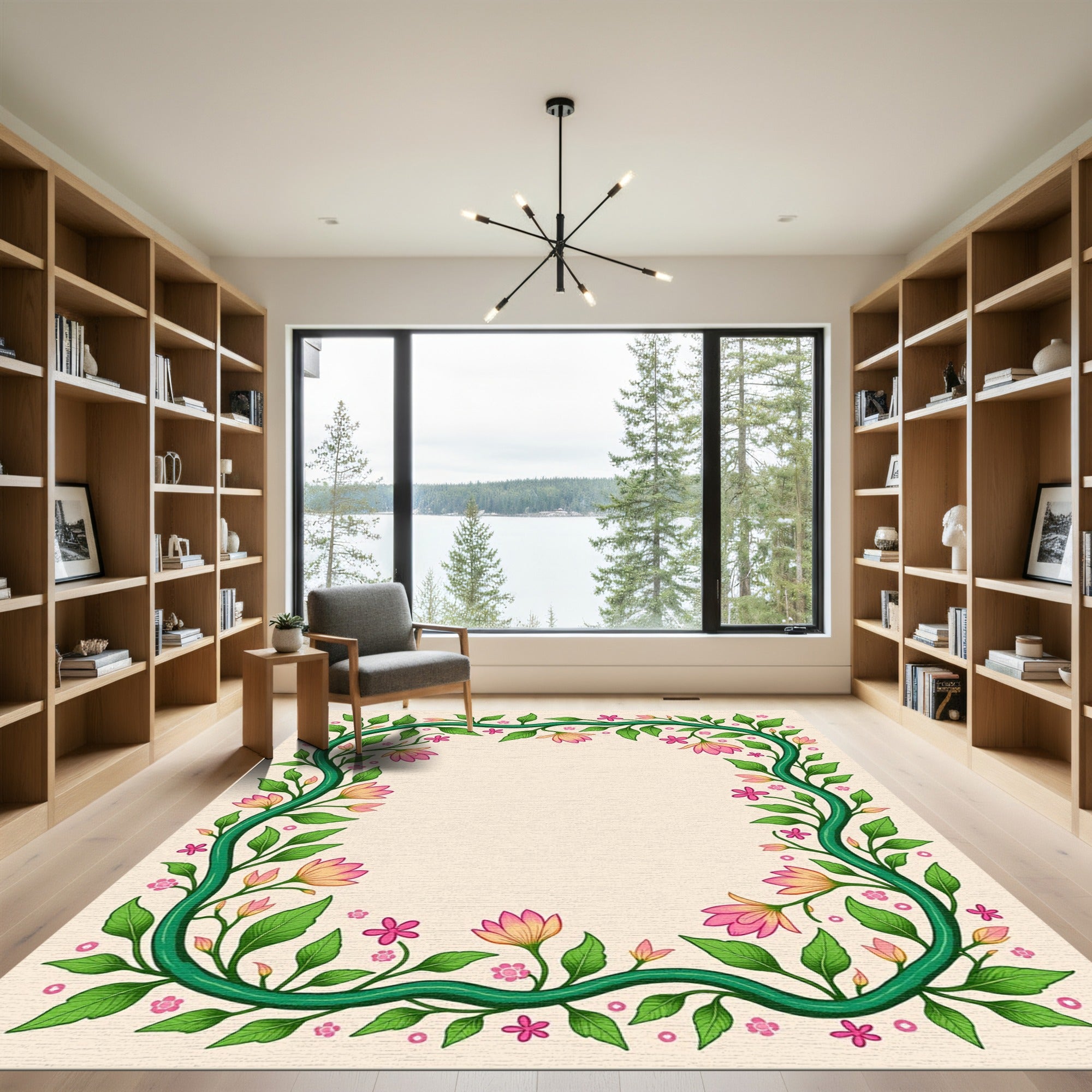 Green Vine Pink Floral Garden Border Rug