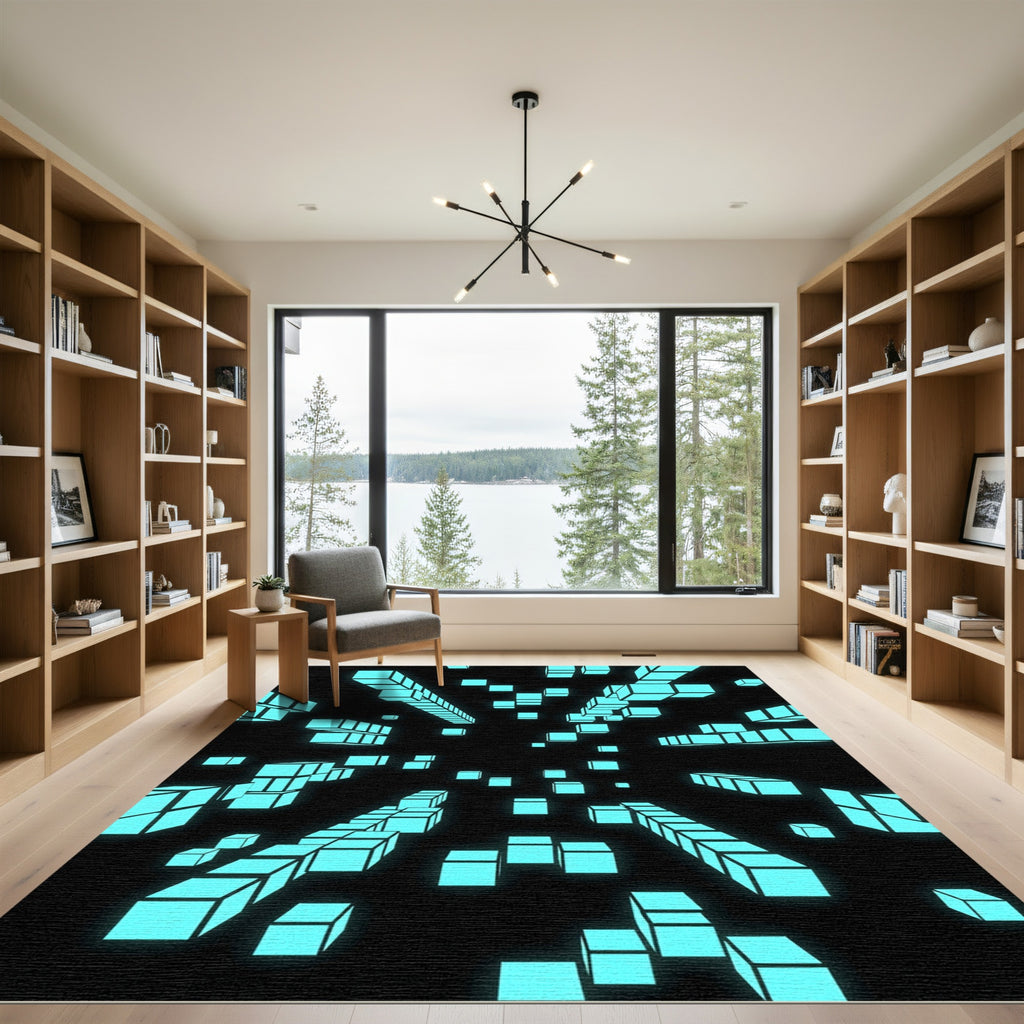 Neon Blue Geometric Floating Cubes Abstract Rug
