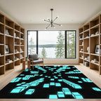 Neon Blue Geometric Floating Cubes Abstract Rug