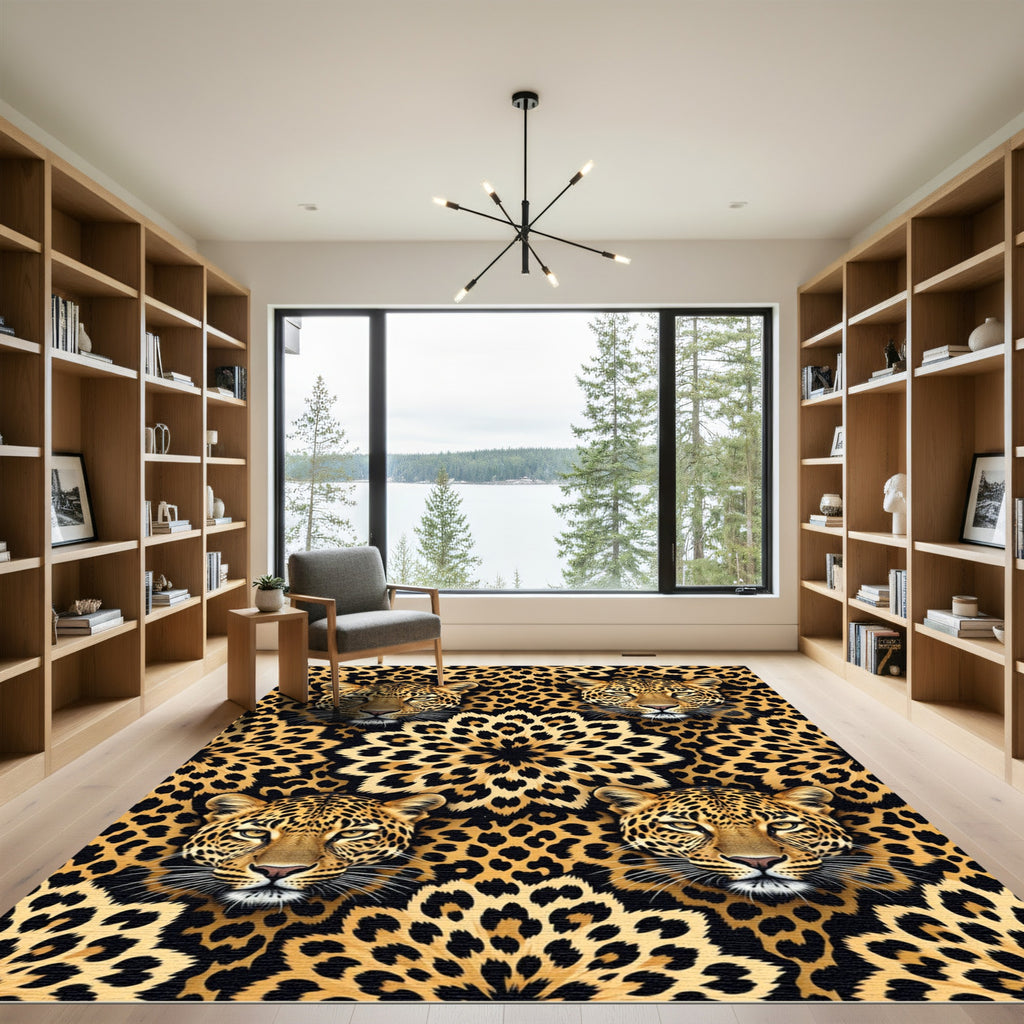 Golden Leopard Face and Rosette Medallion Rug