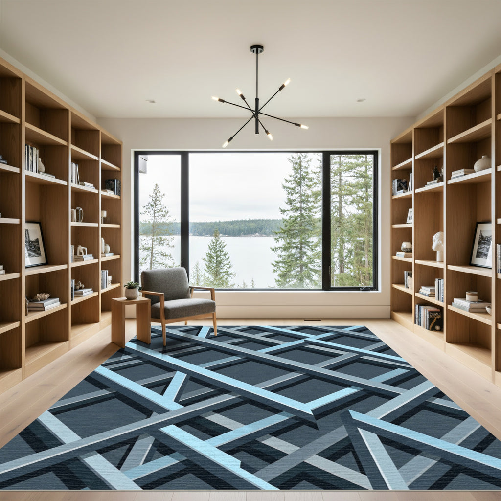 Modern Blue Metallic Geometric Grid Rug