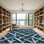 Modern Blue Metallic Geometric Grid Rug