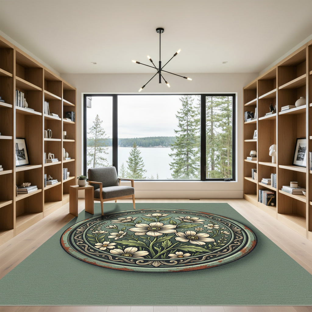 Sage Floral Art Nouveau Medallion Rug
