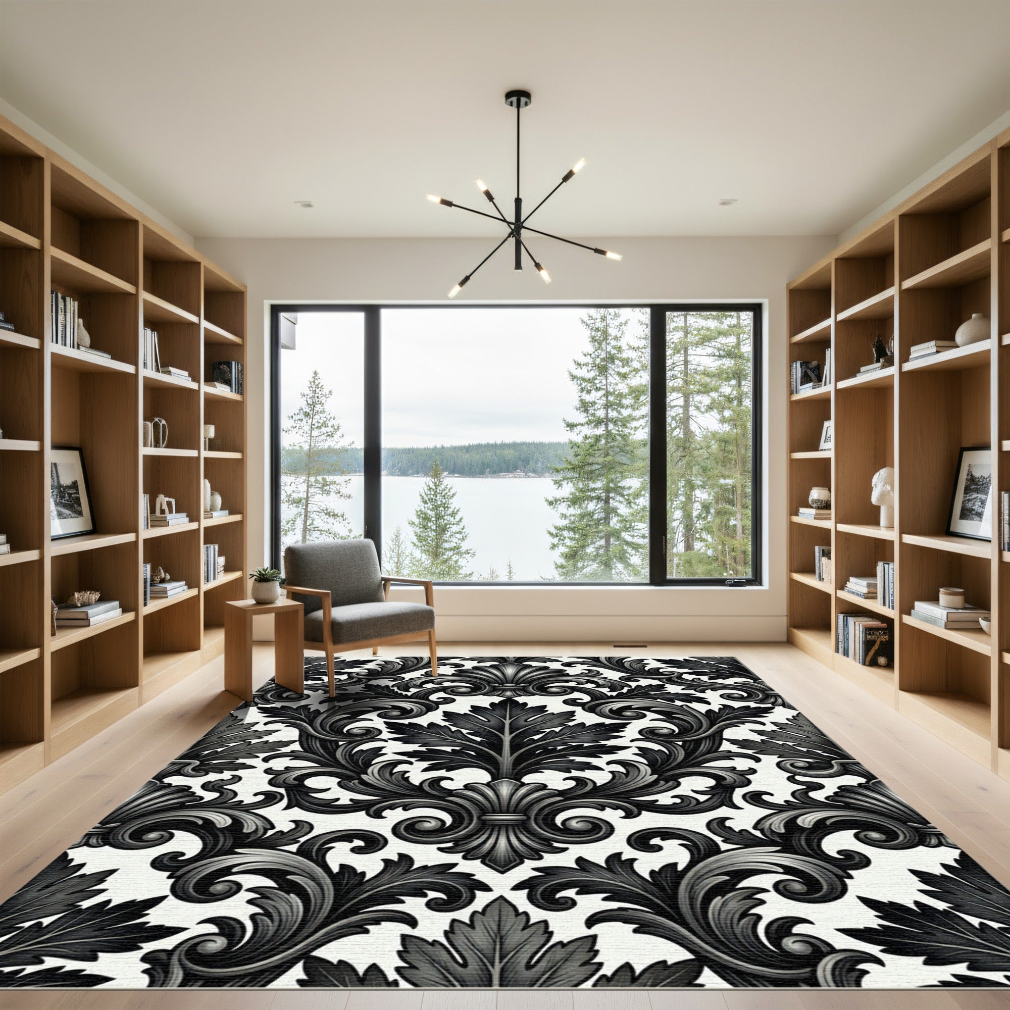 Elegant Black and White Baroque Damask Rug