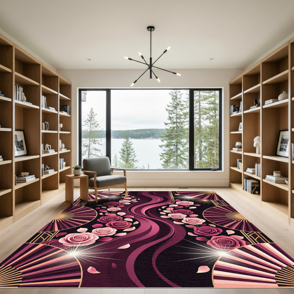 Art Deco Rose Floral Ribbon Wave Rug