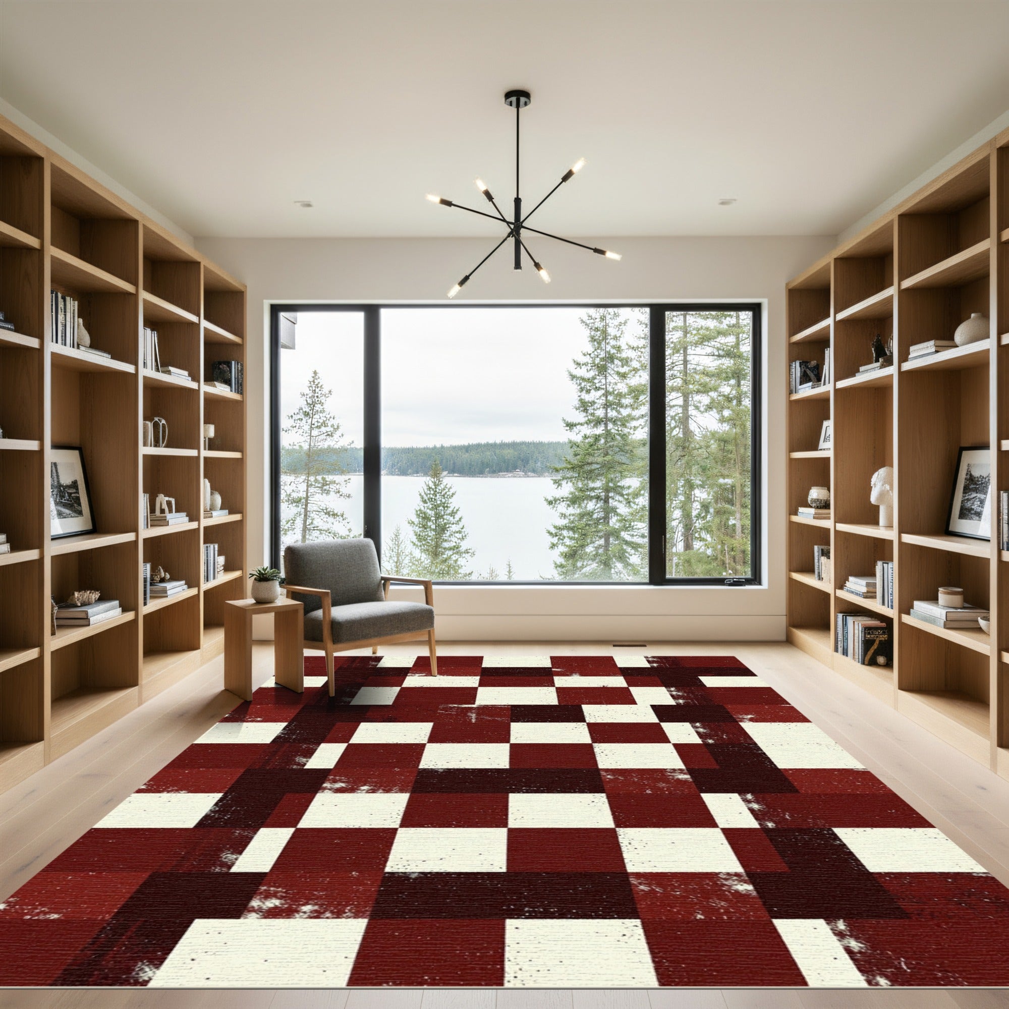 Distressed Burgundy and Cream Checkerboard Grid Rug