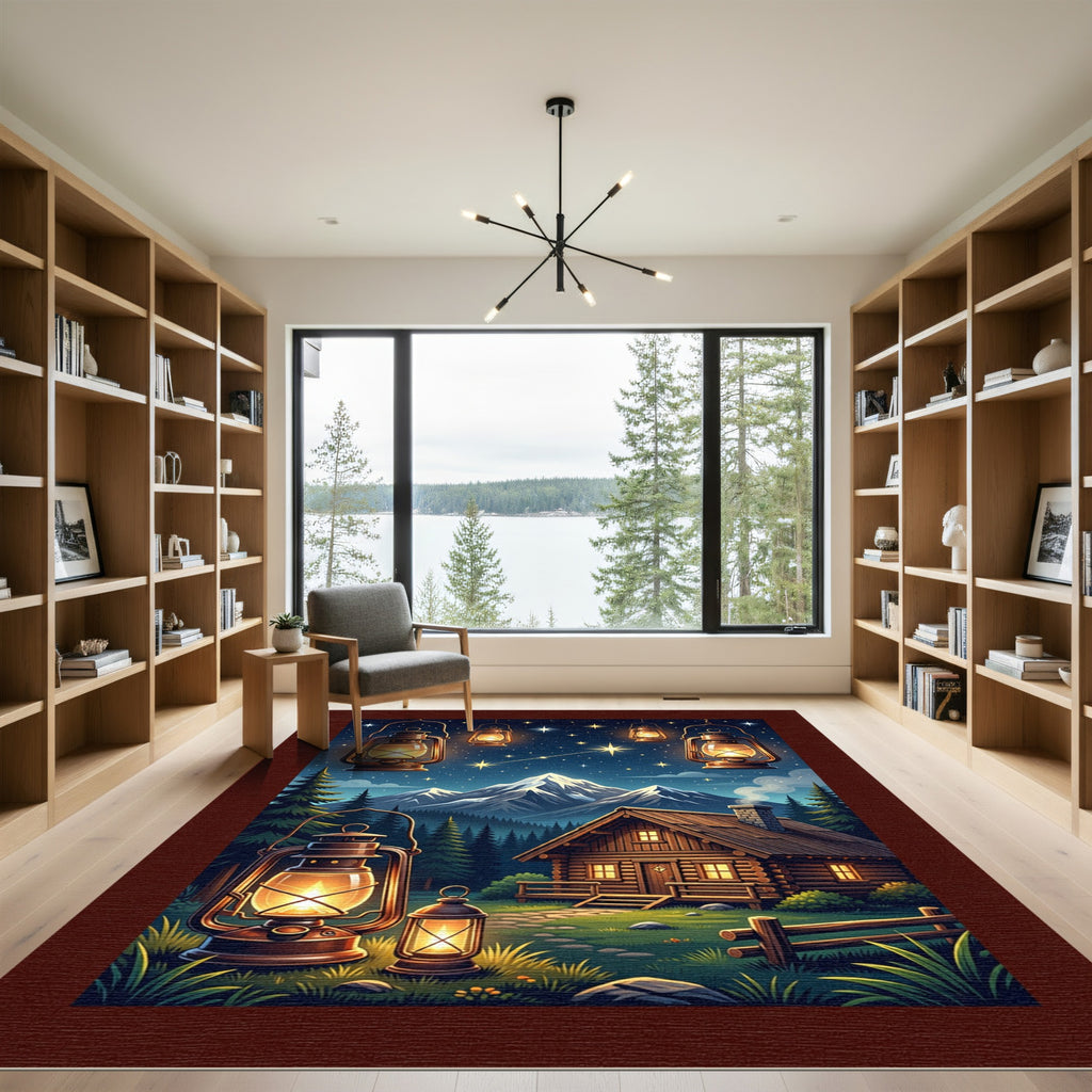 Rustic Glowing Lantern Mountain Cabin Night Rug
