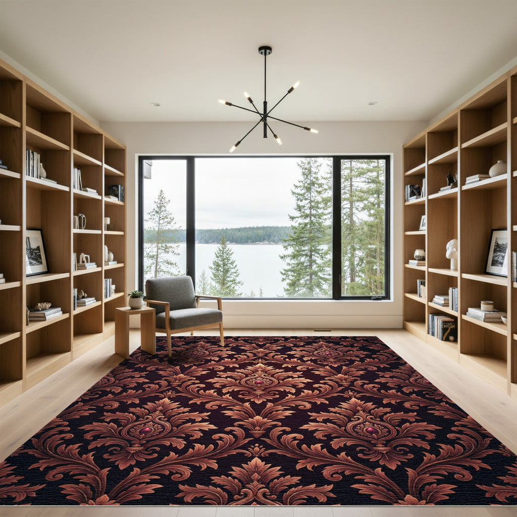 Elegant Dark Burgundy Damask Filigree Rug