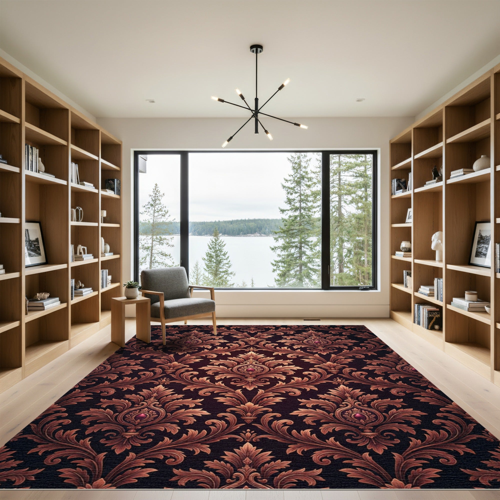 Elegant Dark Burgundy Damask Filigree Rug