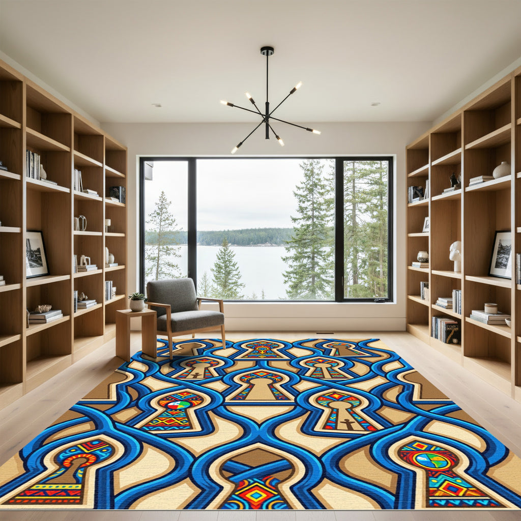 Vibrant Cobalt Interconnected Keyhole Art Rug