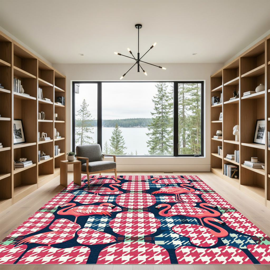 Pink Flamingo Houndstooth Geometric Art Rug