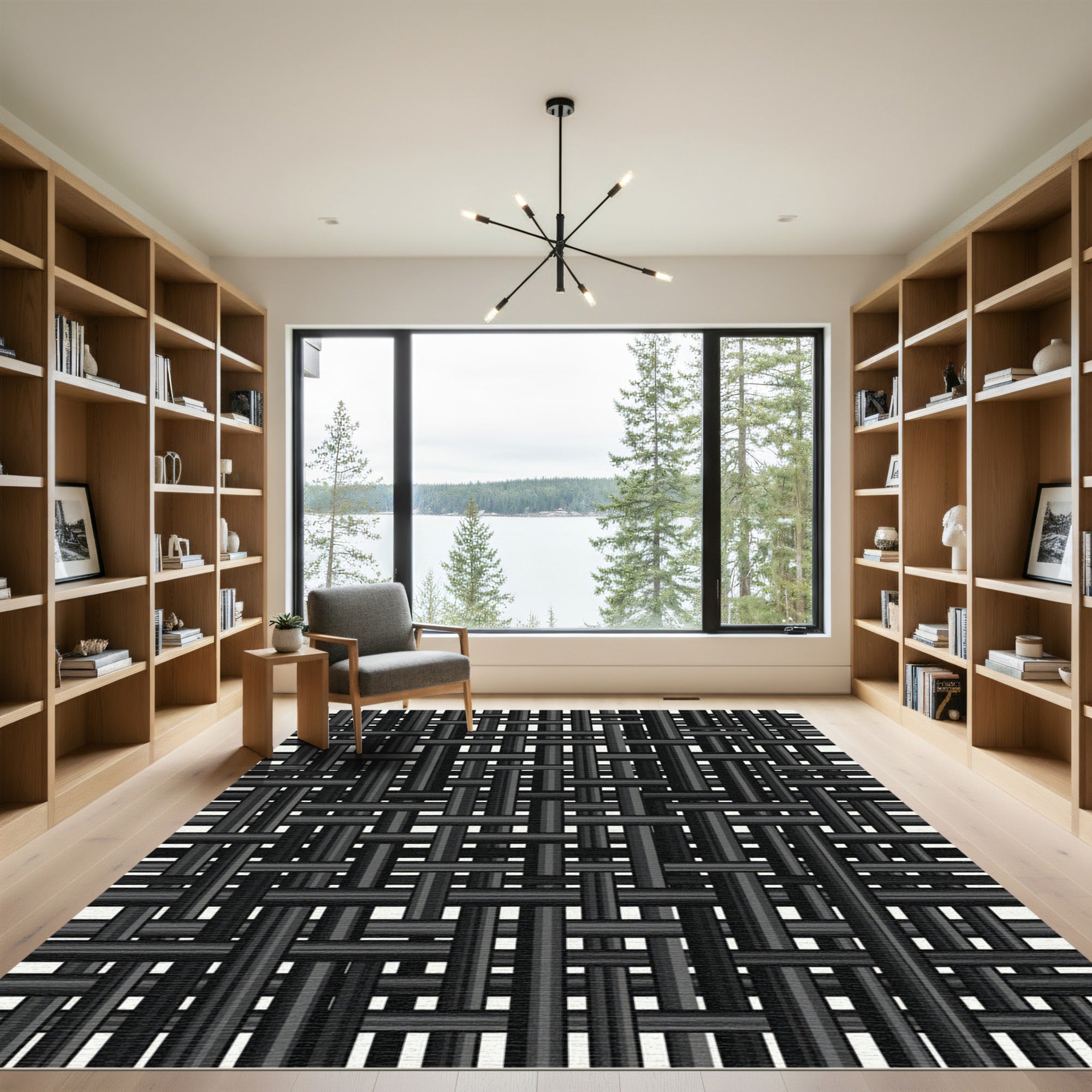 Modern Charcoal Interlaced Grid Texture Rug