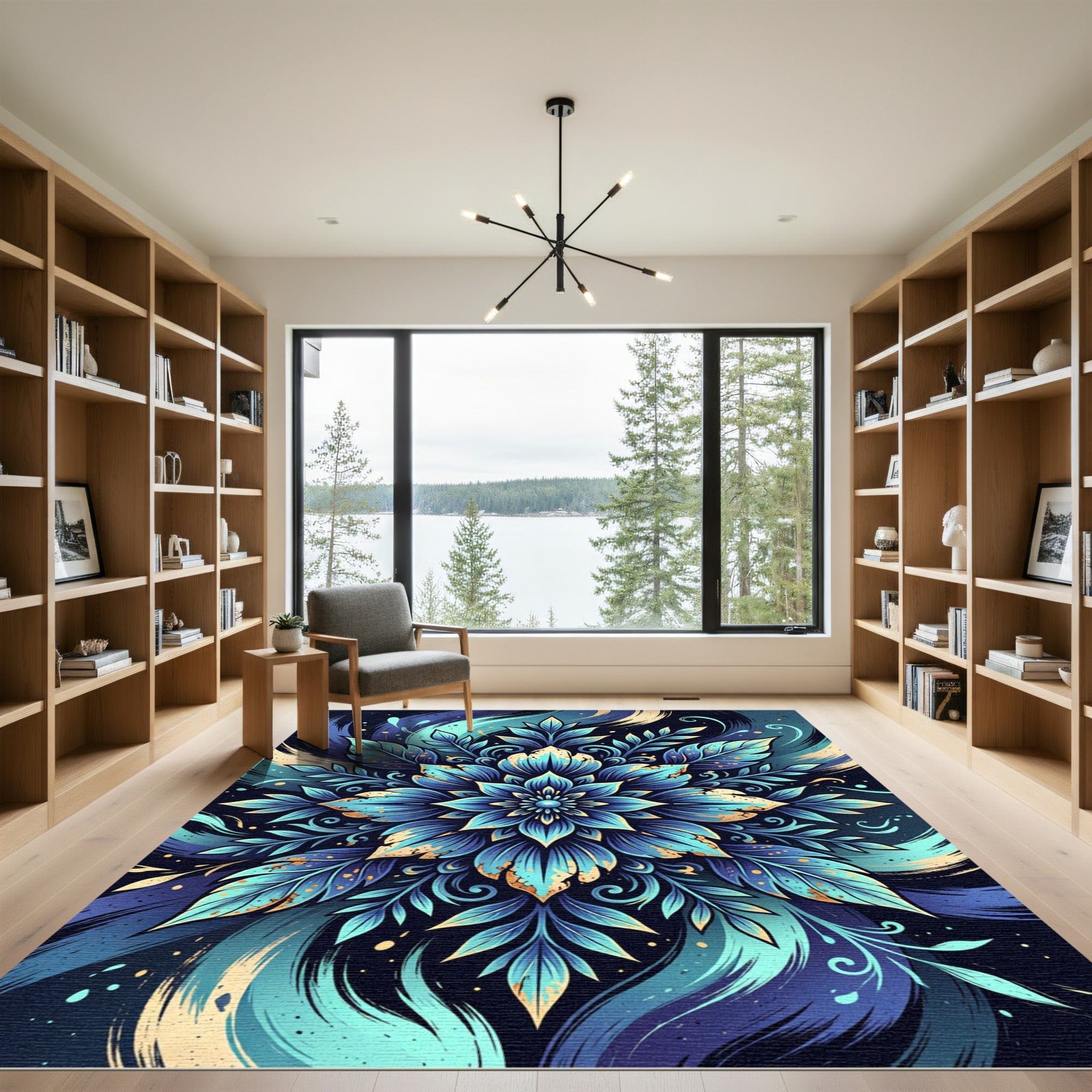 Radiant Blue Botanical Mandala Swirl Rug