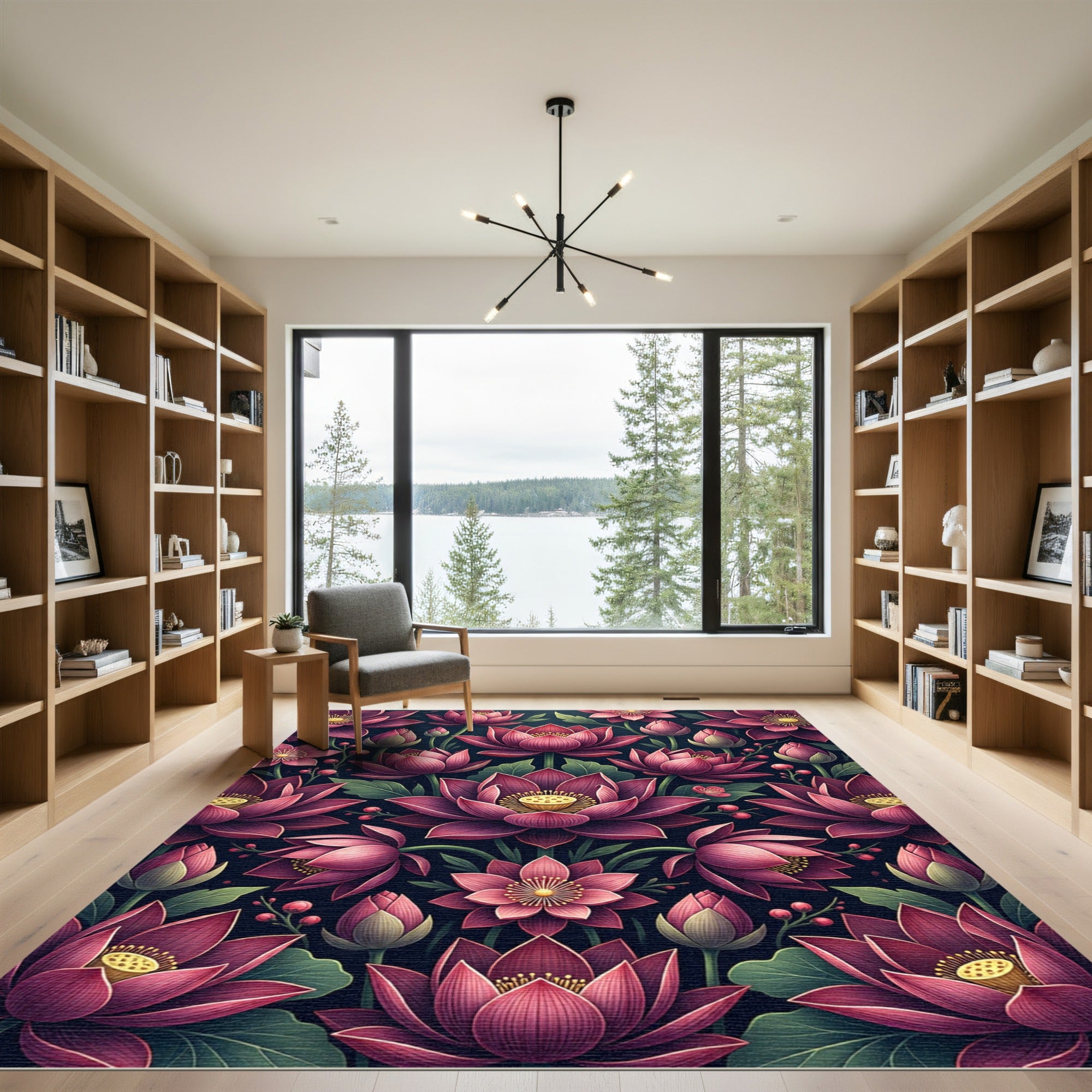 Elegant Deep Magenta Lotus Floral Rug
