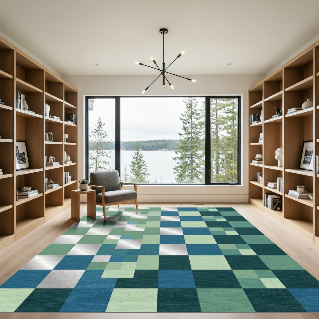 Gradient Teal Blue Square Grid Rug