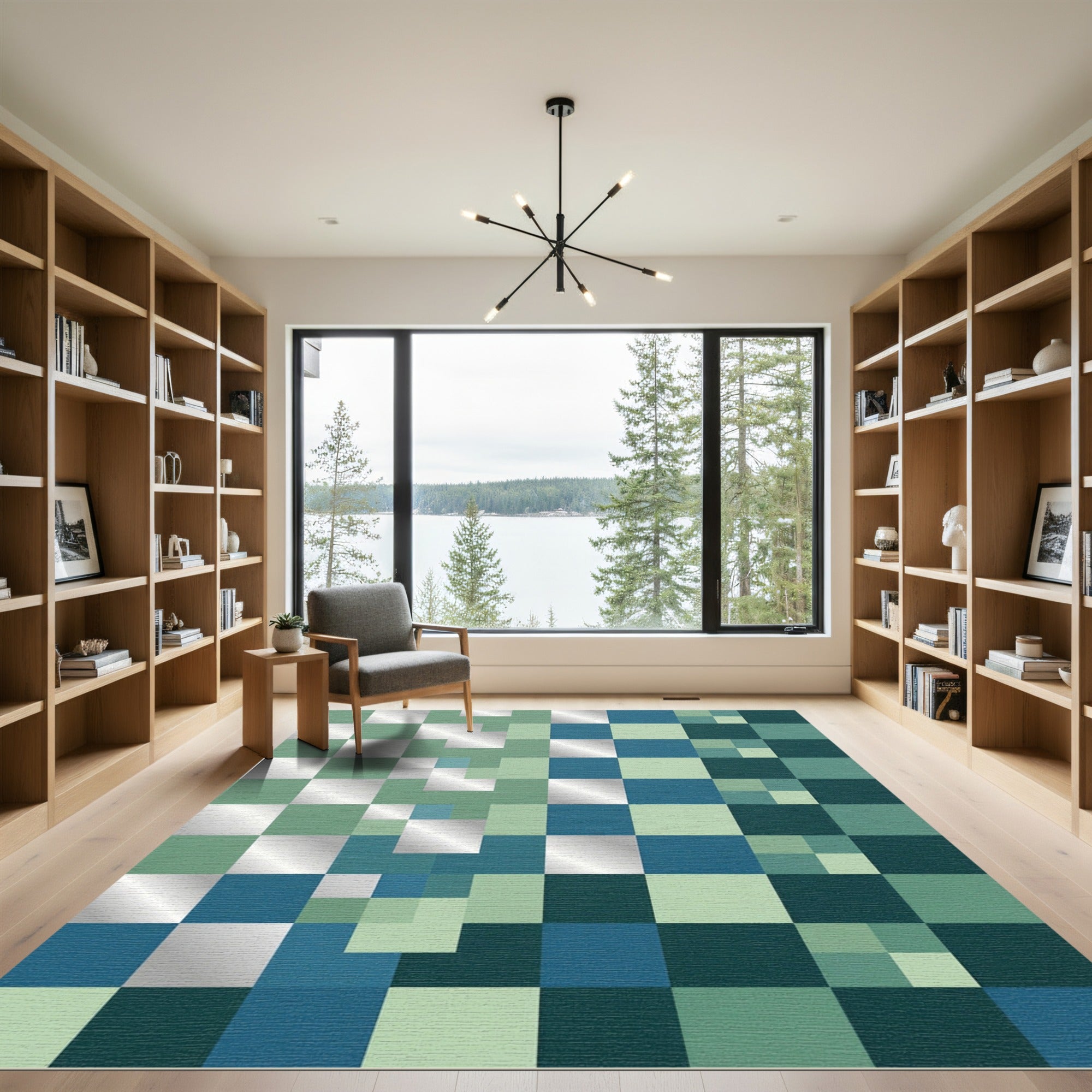 Gradient Teal Blue Square Grid Rug