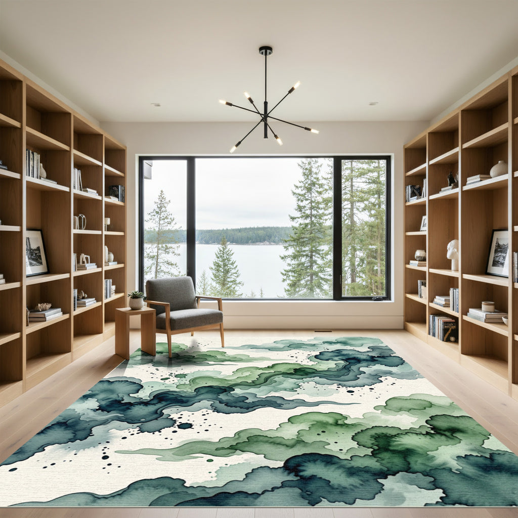 Ethereal Emerald Watercolor Cloud Swirl Rug