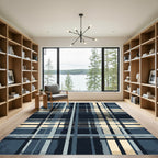 Vintage Blue Tan Plaid Grid Lines Rug