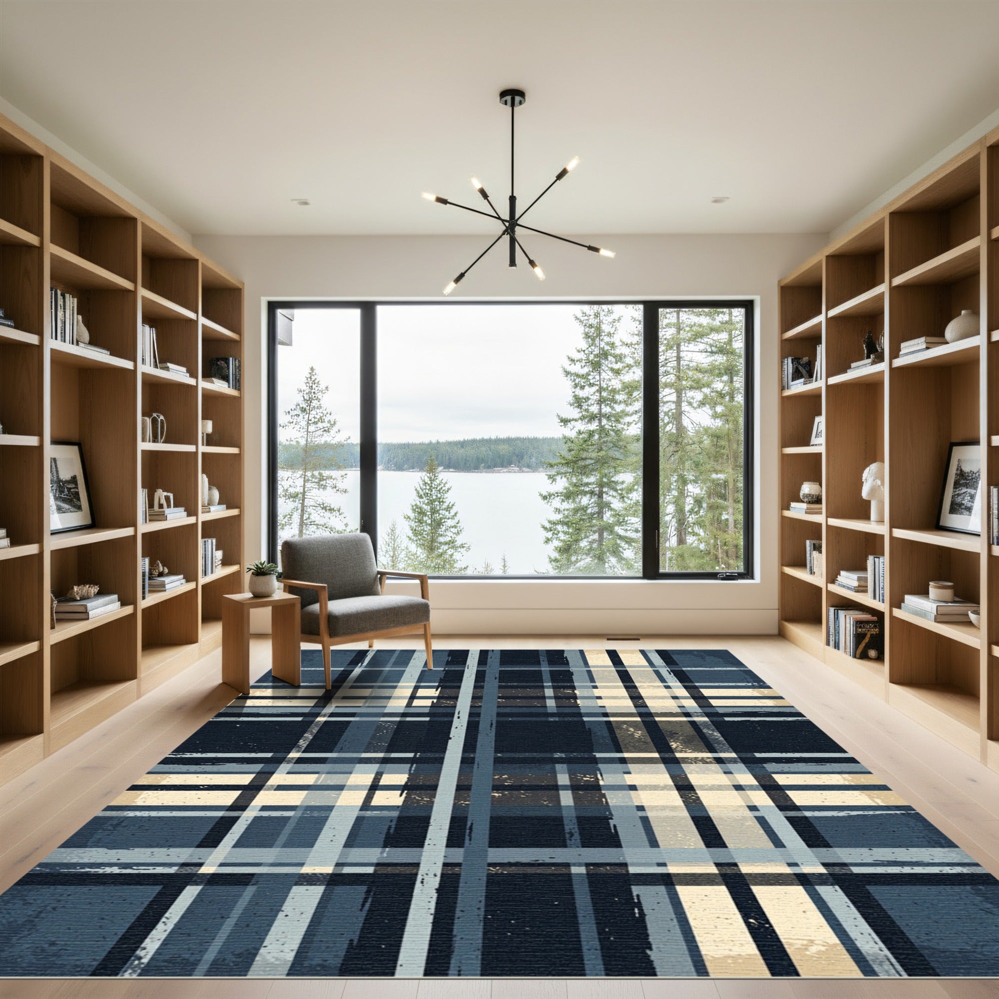 Vintage Blue Tan Plaid Grid Lines Rug