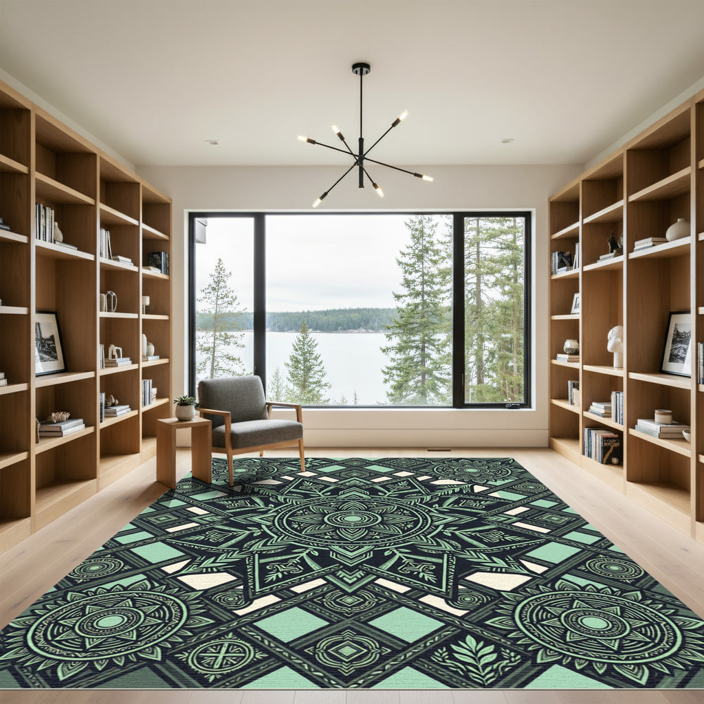 Green Mandala Geometric Sunburst Rug