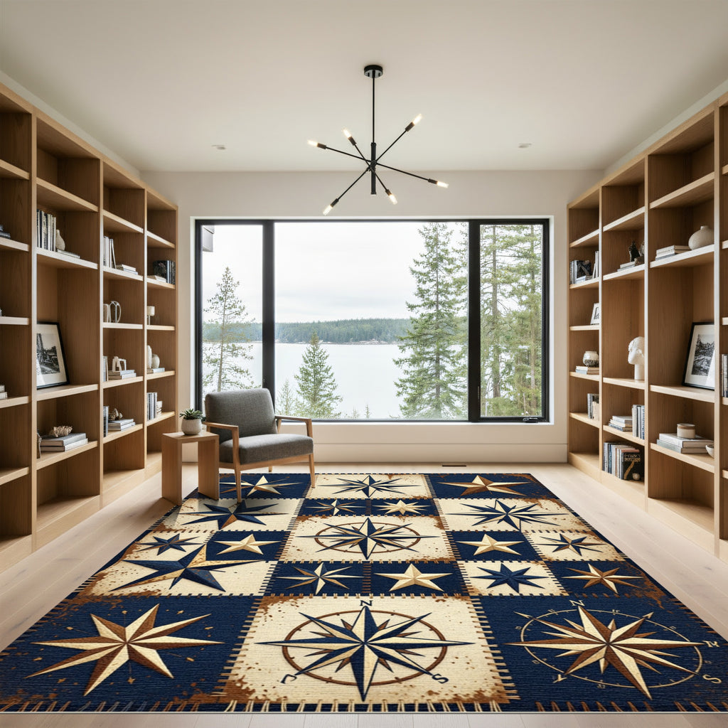 Rustic Navy Blue Nautical Star Patchwork Rug