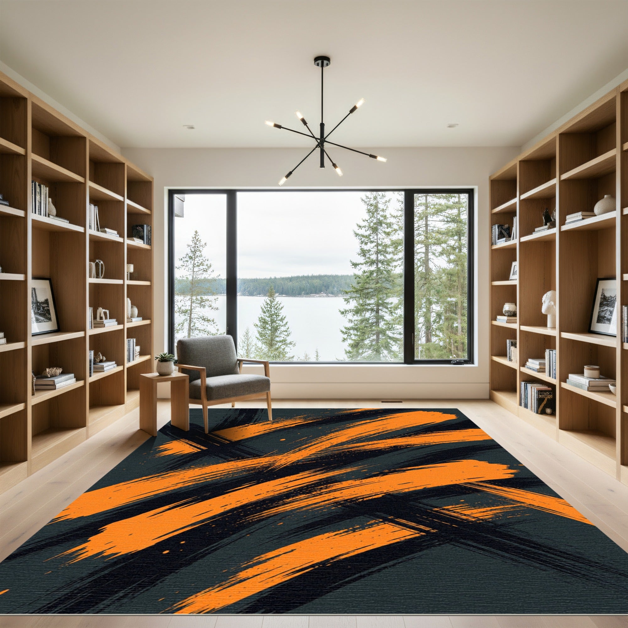 Bold Orange and Black Abstract Brushstroke Rug