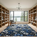 Elegant Indigo White Floral Botanical Rug
