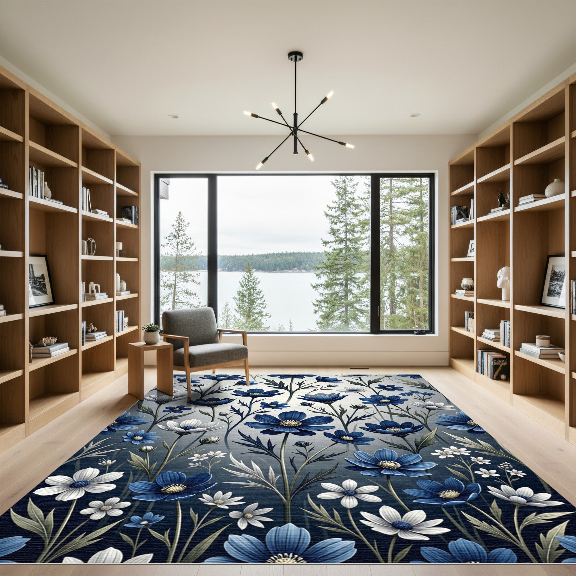 Elegant Indigo White Floral Botanical Rug